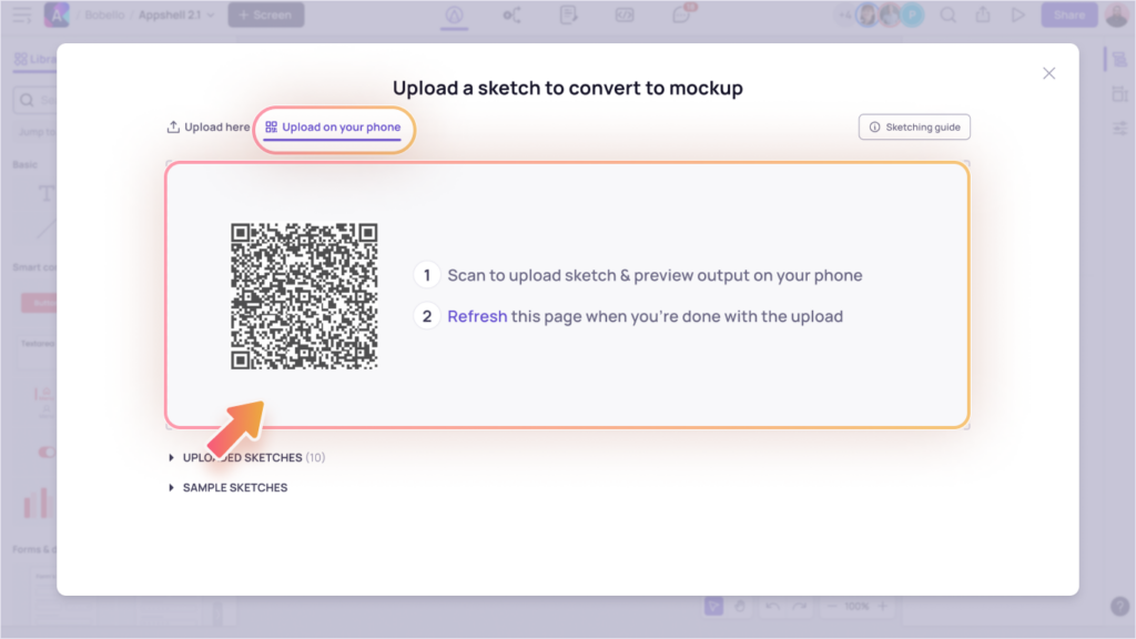 Sketch-to-Wireframe AI dialog - upload on mobile