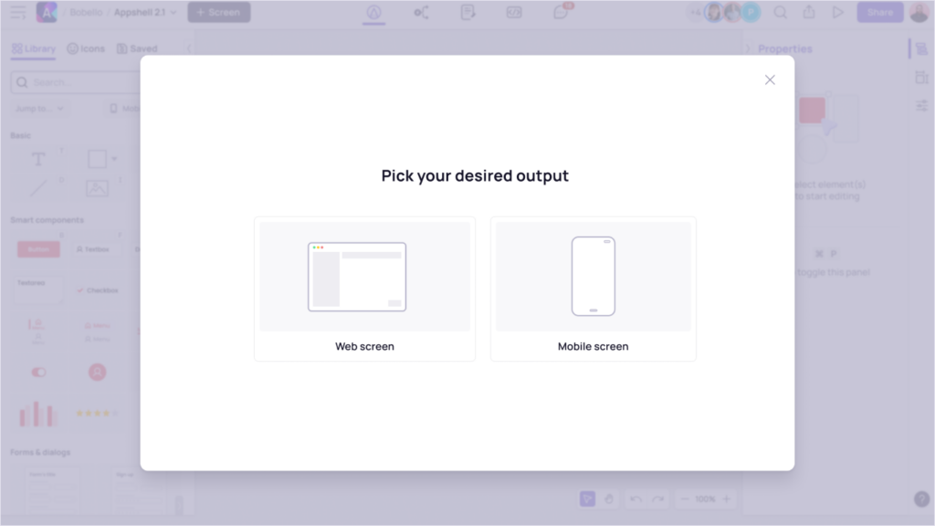 Sketch-to-Wireframe AI dialog - choose size