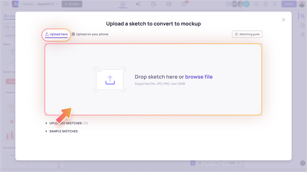 Sketch-to-Wireframe AI dialog - upload