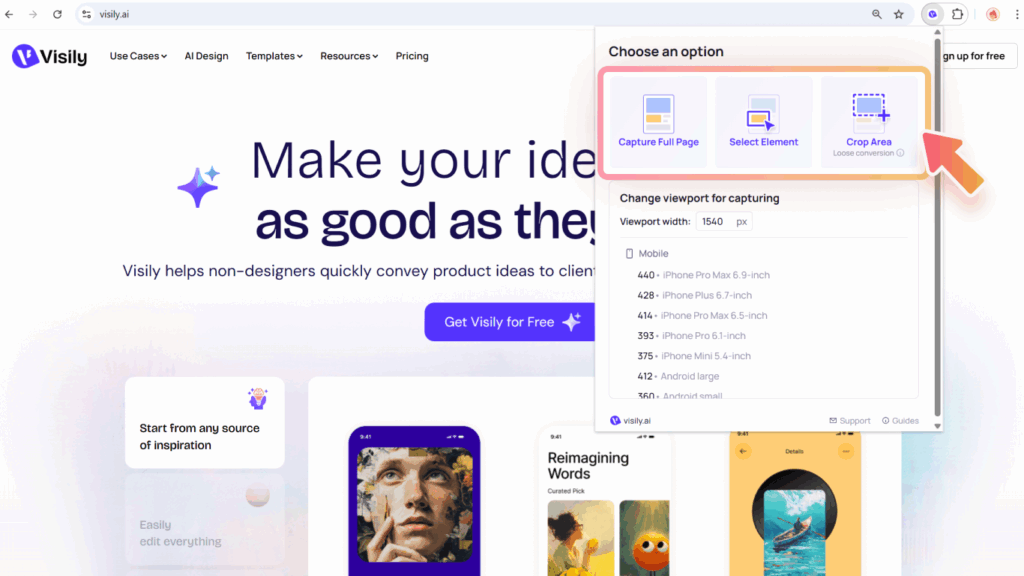 Visily browser extension: Capture and import screenshots 3 Capture screenshots