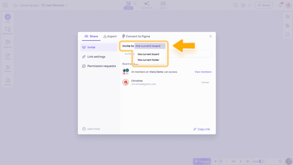 Invite and Share in Visily 7 H3 Invite in Share dialog 1