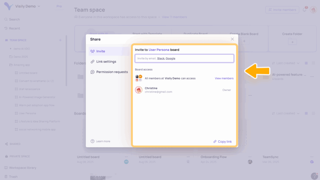 Invite and Share in Visily 5 H3 Invite in Share dialog 2