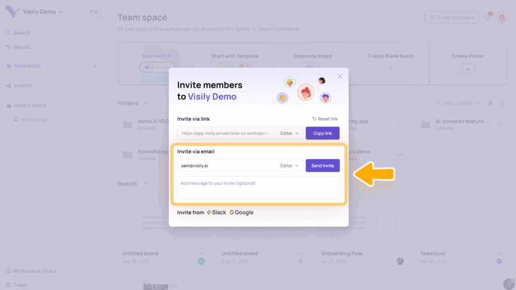 Invite and Share in Visily 3 H3 Invite via email