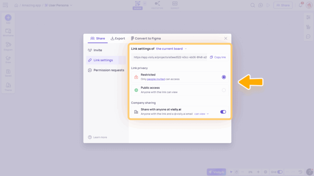 Invite and Share in Visily 8 H3 Link settings in Share dialog