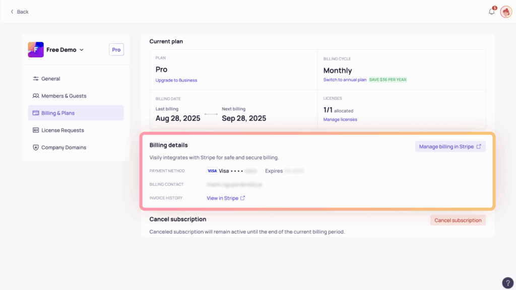 Workspace 15 Manage billing Billing details section