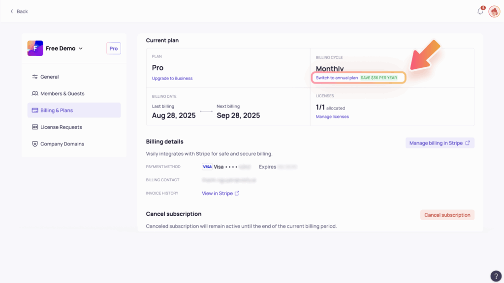 Billing and Subscription 4 Switching from Pro Monthly to Pro Annual
