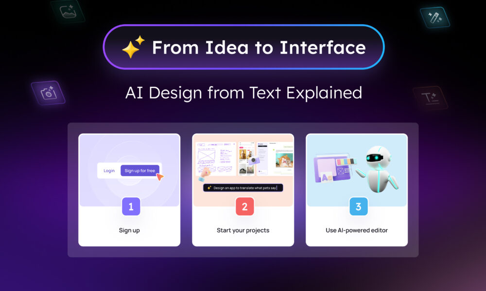 An illustration of a digital interface being generated from text input using artificial intelligence, showcasing the innovation in design technology.