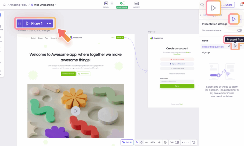 Quick preview and Presentation in Prototype mode H2 Enter presentation mode 1