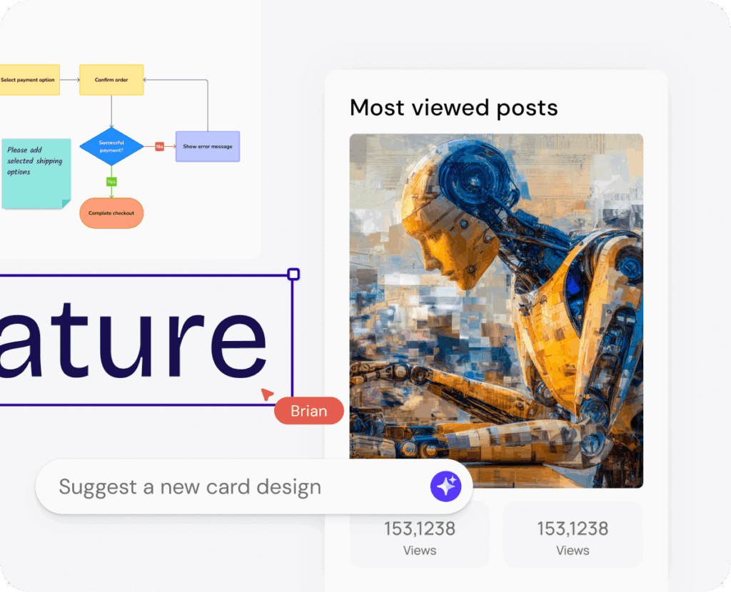 Home 7 Team collaborating on a shared Visily canvas with AI-powered design, ideation notes, and connected prototypes.