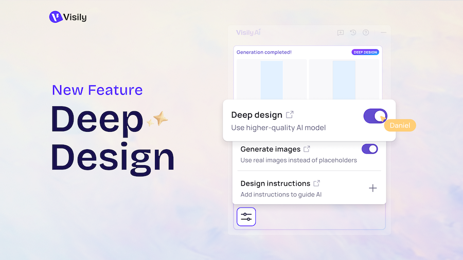 Release note: V4.3 Jan 2026 4 Example of how to access Visily's Deep Design feature