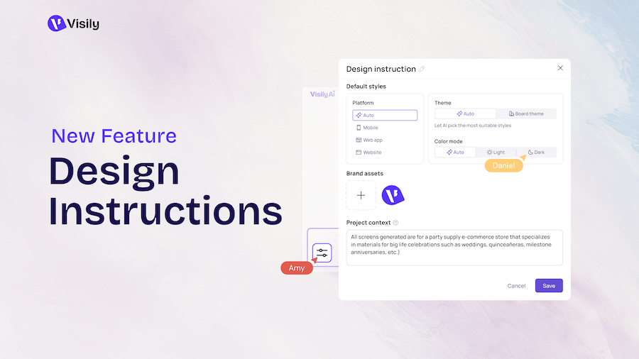 Release note: V4.3 Jan 2026 1 Example of how to access Visily's Design Instructions feature