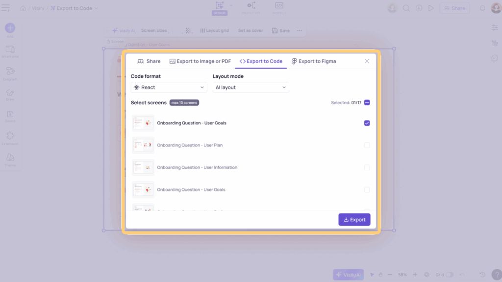 Export to Code dialog