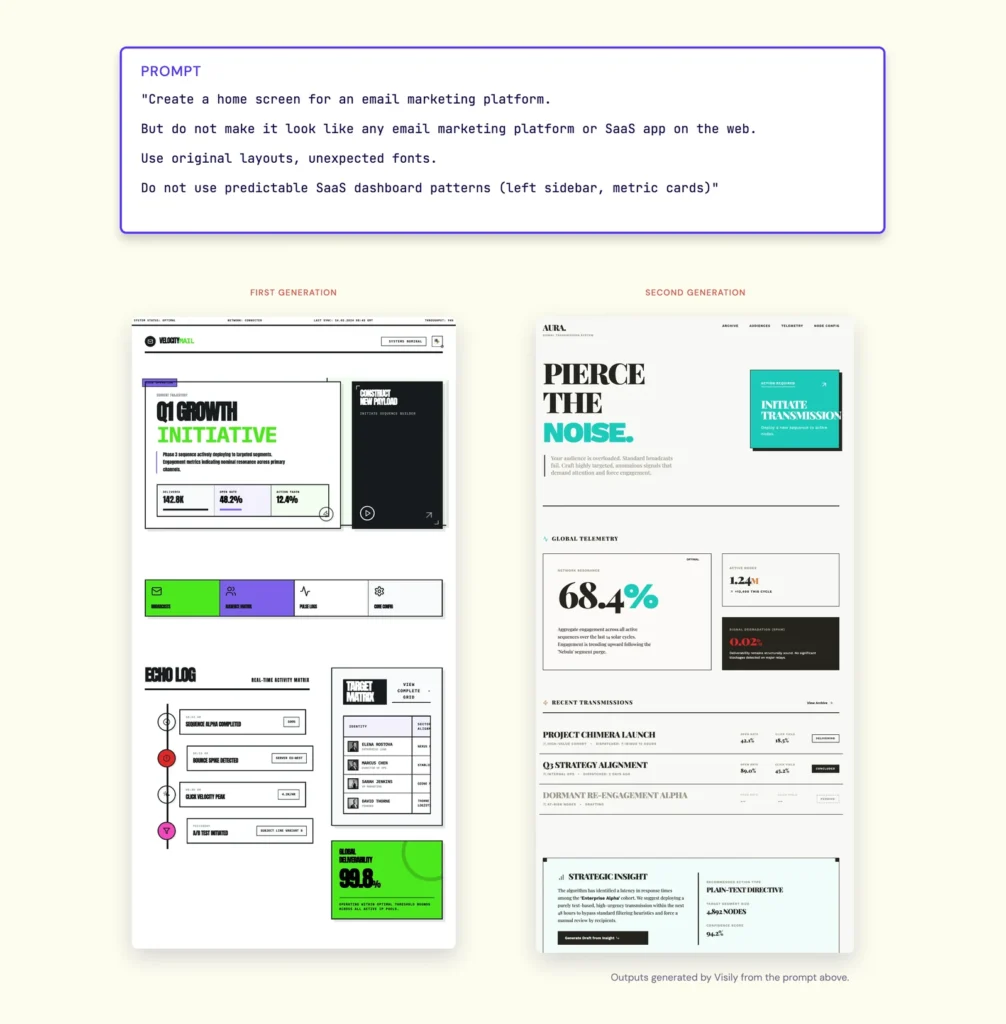 Examples of completely different results from the same prompt.