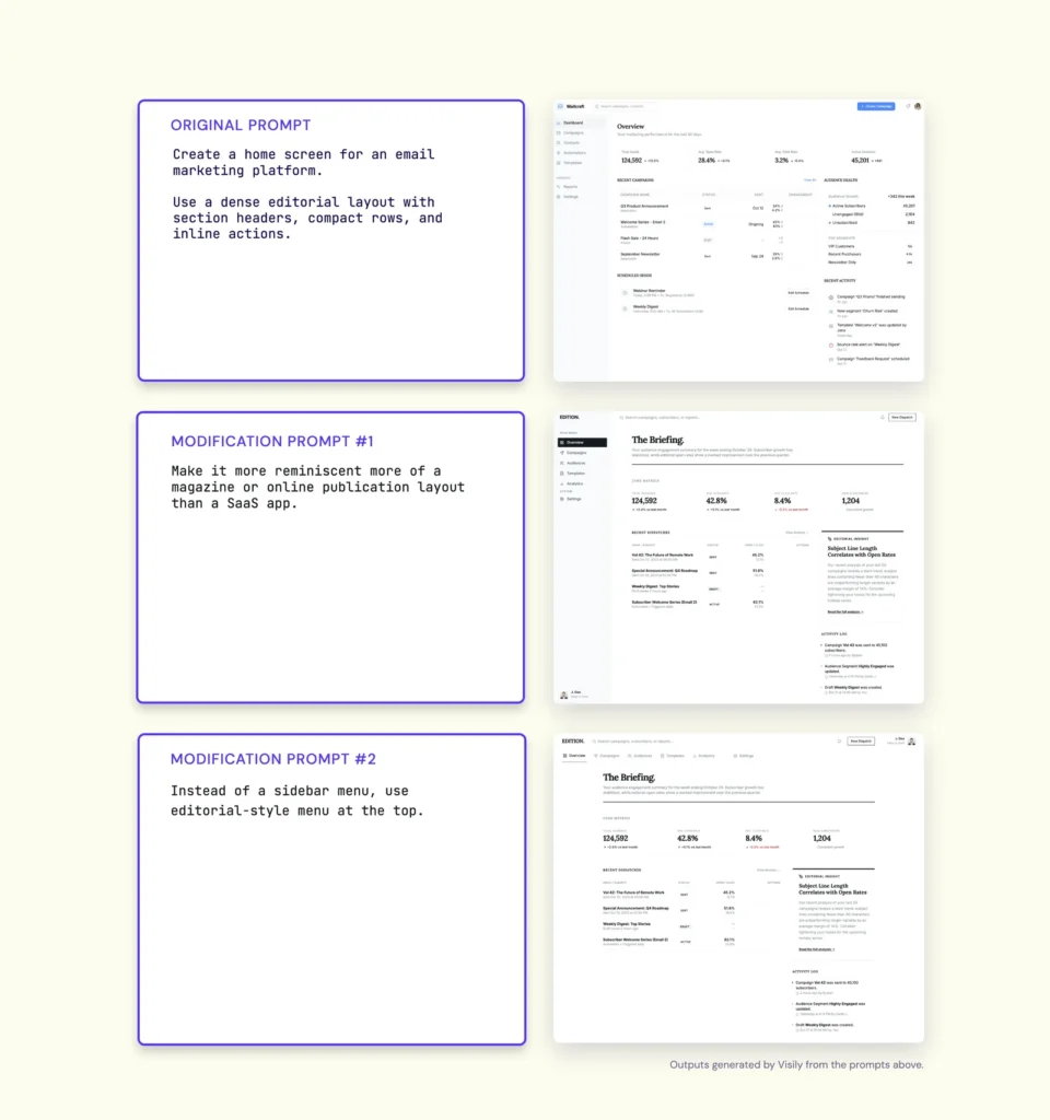 Example iterations of UI screen using simple modifiers
