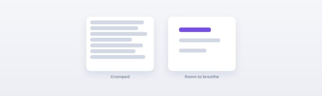 White space in UI design: a cramped card beside an airy one. White space turns a cramped layout into a readable one.