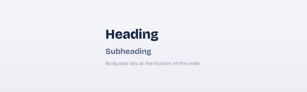Hierarchy in UI design: a heading, subheading, and body line at decreasing size and weight. Hierarchy ranks a heading, subheading, and body by size and weight.