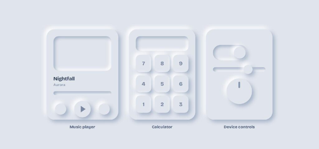 Soft UI in practice: a music player, a calculator keypad, and device controls, all extruded from one background color.