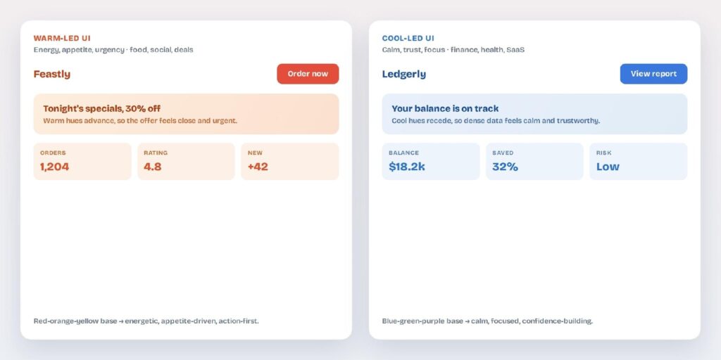Warm-led food UI beside a cool-led finance UI, showing how color temperature shapes mood and hierarchy. Same layout, opposite temperature: a warm-led food app feels urgent and appetite-driven; a cool-led finance app feels calm and trustworthy.