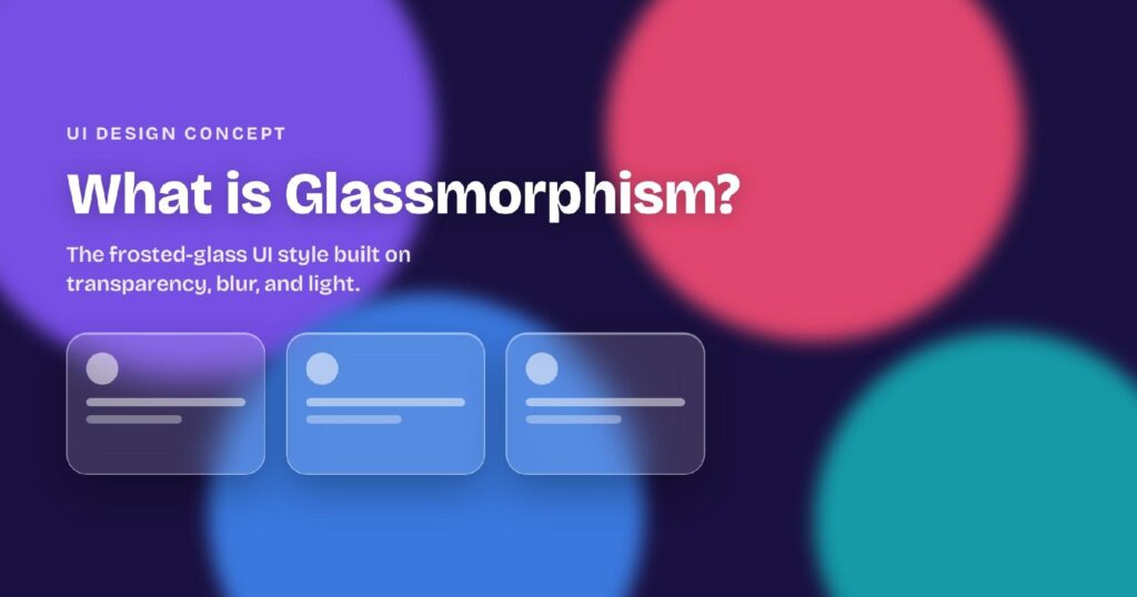 Glassmorphism in one look: translucent, blurred panels with light borders floating over vivid color.