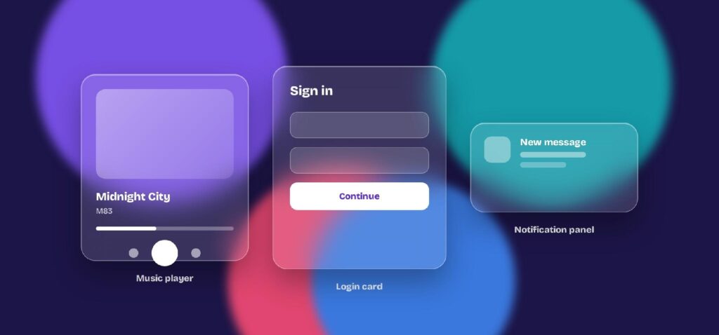 Glass in practice: a music player, a login card, and a notification panel, each frosted over a colorful backdrop.