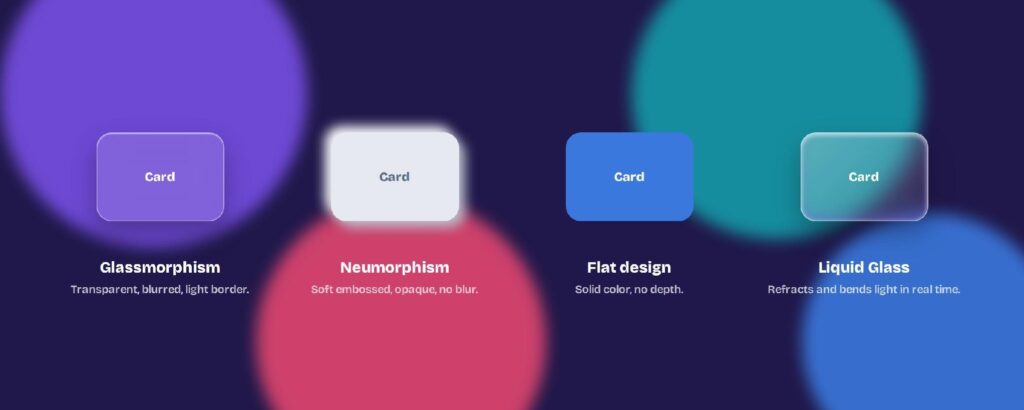 One card, four styles: transparent glassmorphism, embossed neumorphism, solid flat design, and refractive Liquid Glass.
