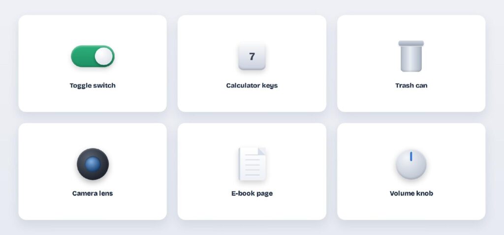 Skeuomorphism examples: a toggle switch, calculator key, trash can, camera lens, e-book page, and volume knob. Skeuomorphs beyond the save icon: toggle switches, calculator keys, the trash can, a camera lens, an e-book page, and a volume knob.